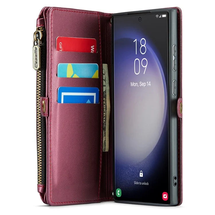 CASEME C36 Series For Samsung Galaxy S23 Ultra Case Zipper Flip Leather Phone Cover with 10 Card Slots