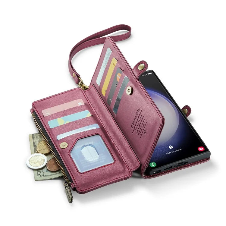 CASEME C36 Series For Samsung Galaxy S23 Ultra Case Zipper Flip Leather Phone Cover with 10 Card Slots