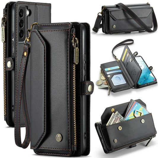 CASEME C36 Series For Samsung Galaxy S22 5G Case Crossbody Leather Phone Bag with 7 Card Slots