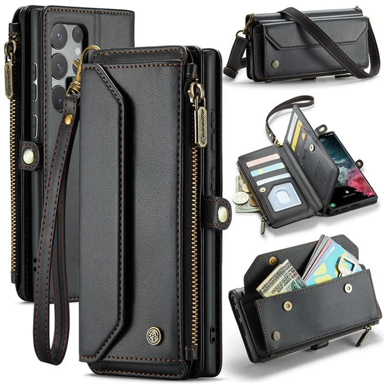 CASEME C36 Series For Samsung Galaxy S22 Ultra 5G Case Leather Phone Bag with Zipper Pocket