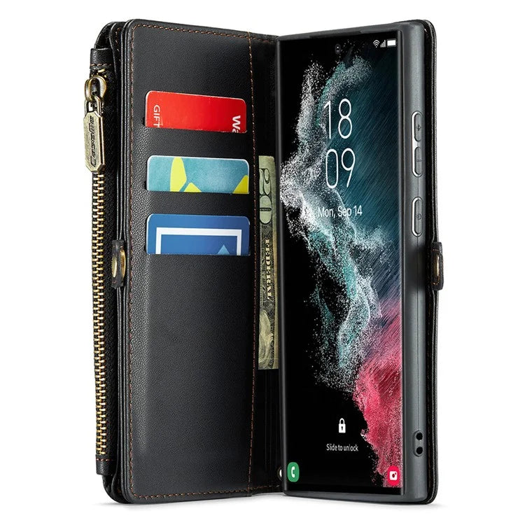 CASEME C36 Series For Samsung Galaxy S22 Ultra 5G Case Leather Phone Bag with Zipper Pocket