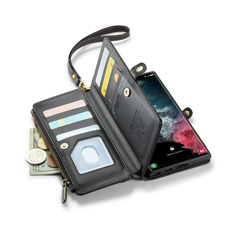 CASEME C36 Series For Samsung Galaxy S22 Ultra 5G Case Leather Phone Bag with Zipper Pocket