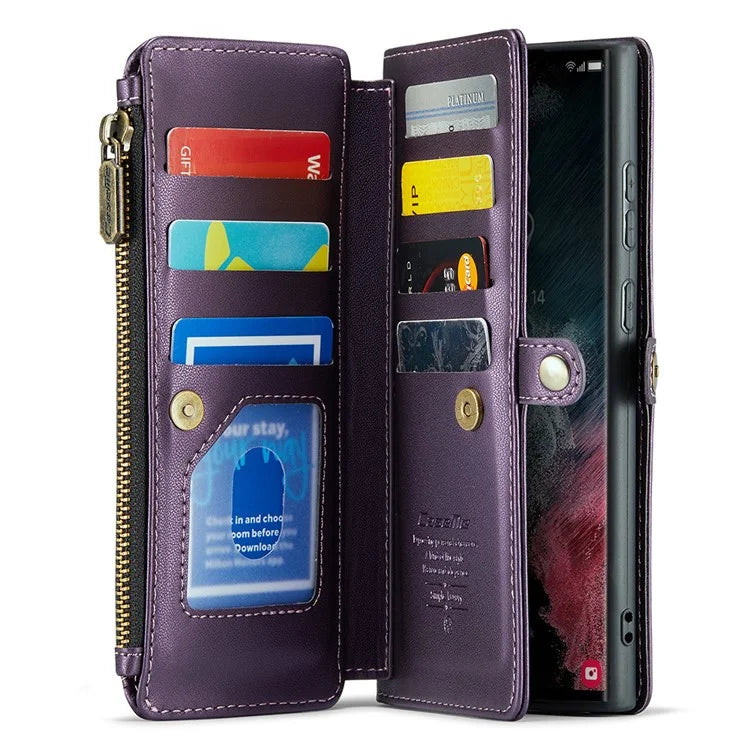 CASEME C36 Series For Samsung Galaxy S22 Ultra 5G Case Leather Phone Bag with Zipper Pocket