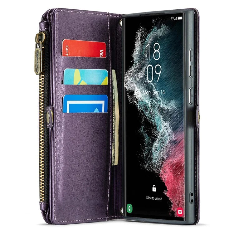 CASEME C36 Series For Samsung Galaxy S22 Ultra 5G Case Leather Phone Bag with Zipper Pocket