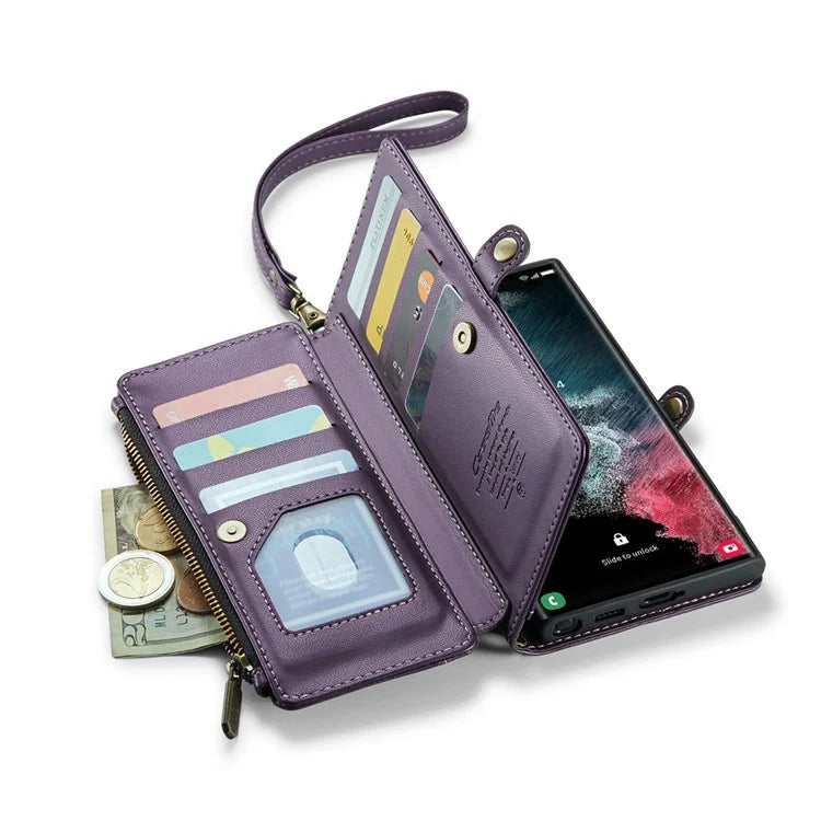 CASEME C36 Series For Samsung Galaxy S22 Ultra 5G Case Leather Phone Bag with Zipper Pocket