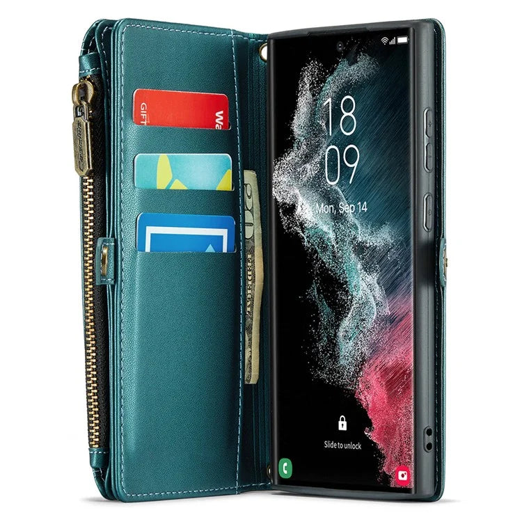 CASEME C36 Series For Samsung Galaxy S22 Ultra 5G Case Leather Phone Bag with Zipper Pocket