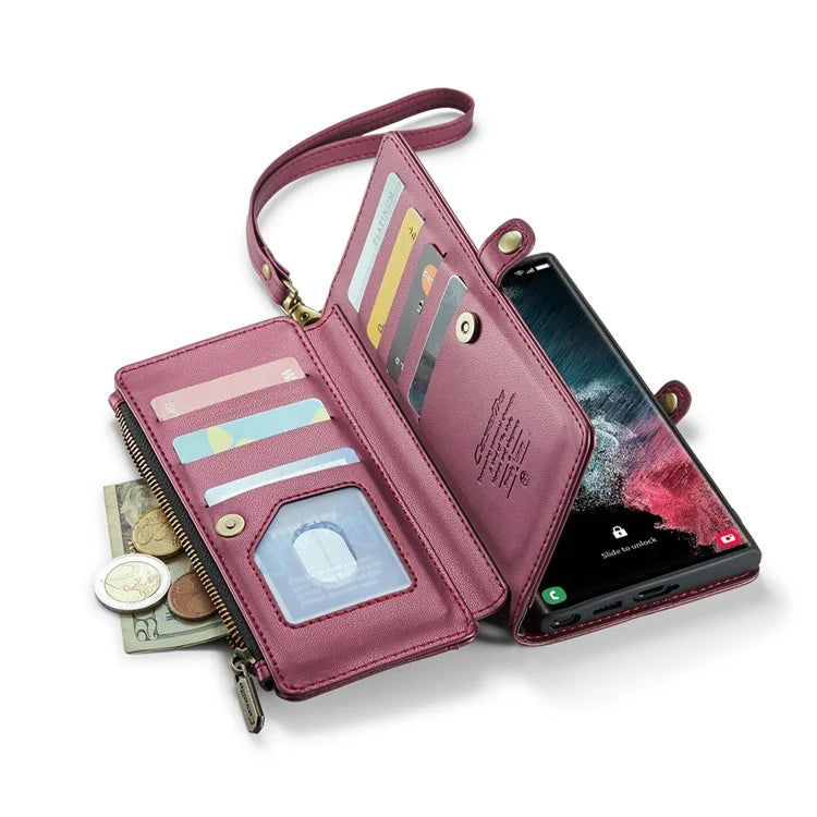CASEME C36 Series For Samsung Galaxy S22 Ultra 5G Case Leather Phone Bag with Zipper Pocket