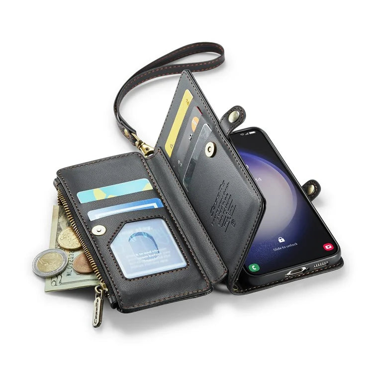 CASEME C36 Series For Samsung Galaxy S23 Case Zipper Leather Phone Cover with 7 Card Slots