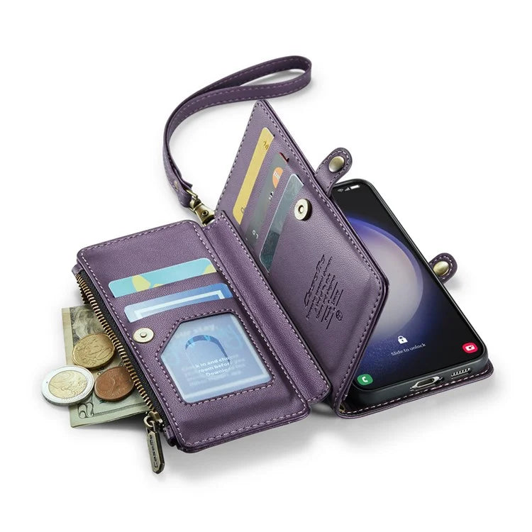 CASEME C36 Series For Samsung Galaxy S23 Case Zipper Leather Phone Cover with 7 Card Slots