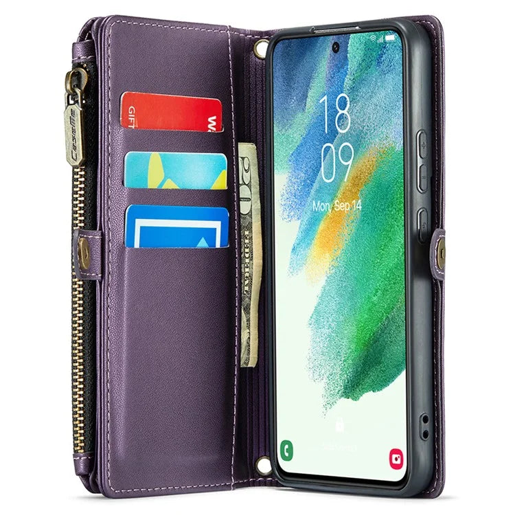 CASEME C36 Series For Samsung Galaxy S21 FE 5G Case 10 Card Slots Zipper Wallet Phone Leather Cover