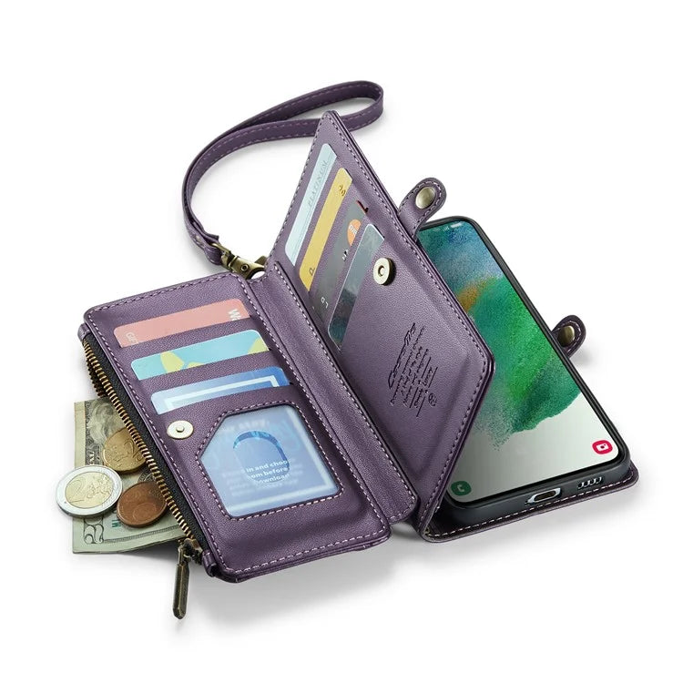 CASEME C36 Series For Samsung Galaxy S21 FE 5G Case 10 Card Slots Zipper Wallet Phone Leather Cover