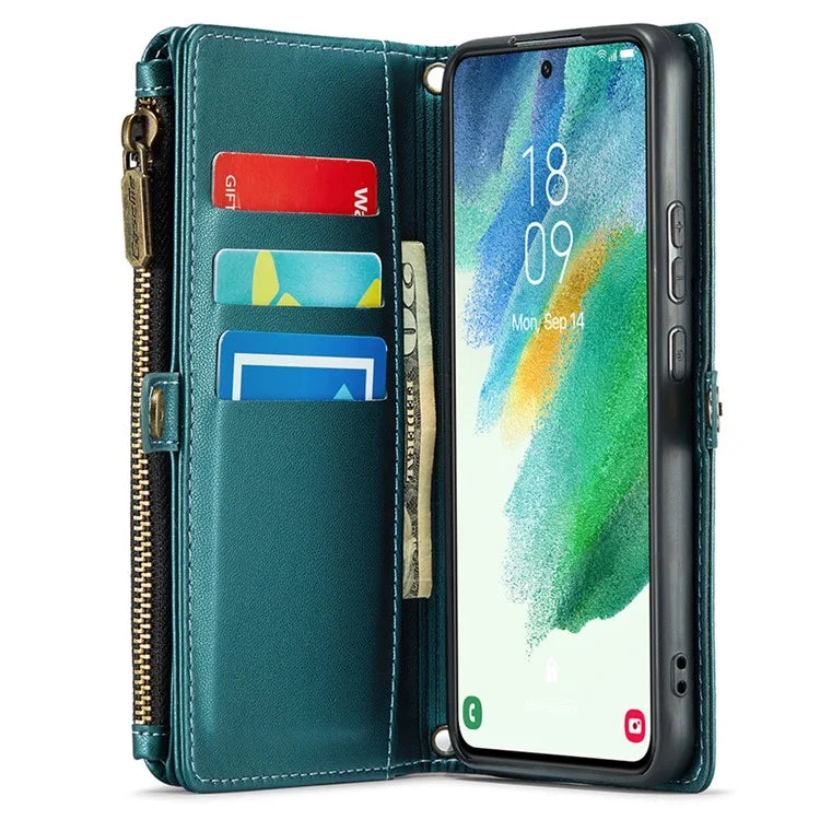 CASEME C36 Series For Samsung Galaxy S21 FE 5G Case 10 Card Slots Zipper Wallet Phone Leather Cover