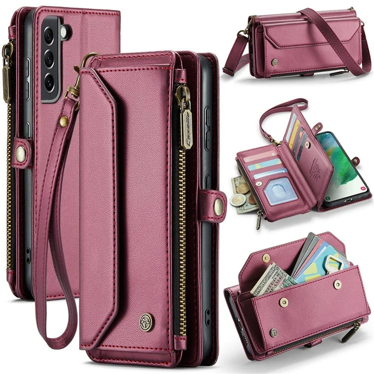 CASEME C36 Series For Samsung Galaxy S21 FE 5G Case 10 Card Slots Zipper Wallet Phone Leather Cover