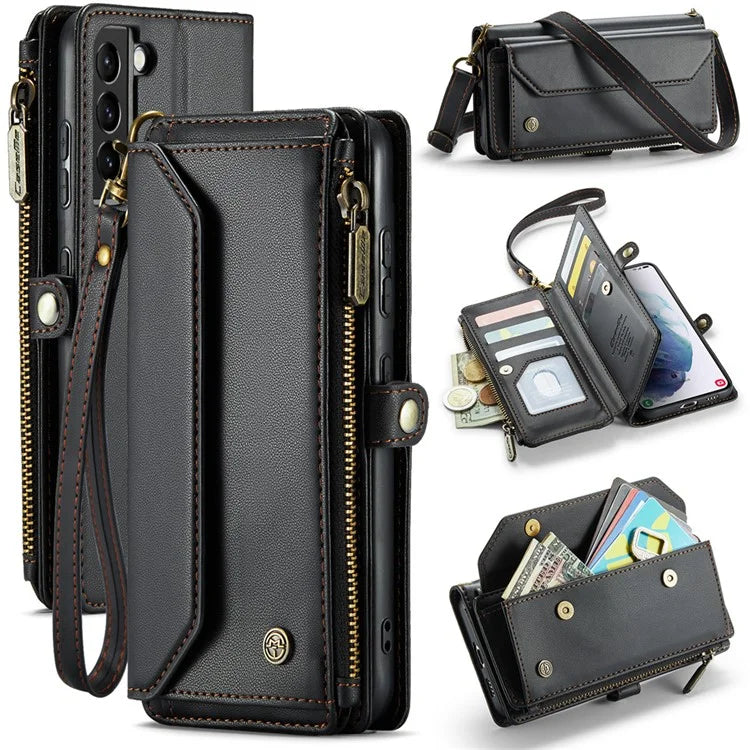 CASEME C36 Series For Samsung Galaxy S21+ 5G Case 10 Card Slots Leather Phone Bag with 2 Straps
