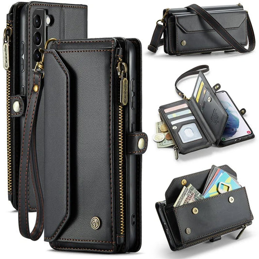 CASEME C36 Series For Samsung Galaxy S21+ 5G Case 10 Card Slots Leather Phone Bag with 2 Straps
