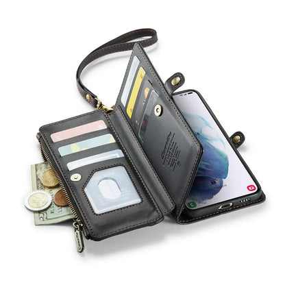 CASEME C36 Series For Samsung Galaxy S21+ 5G Case 10 Card Slots Leather Phone Bag with 2 Straps