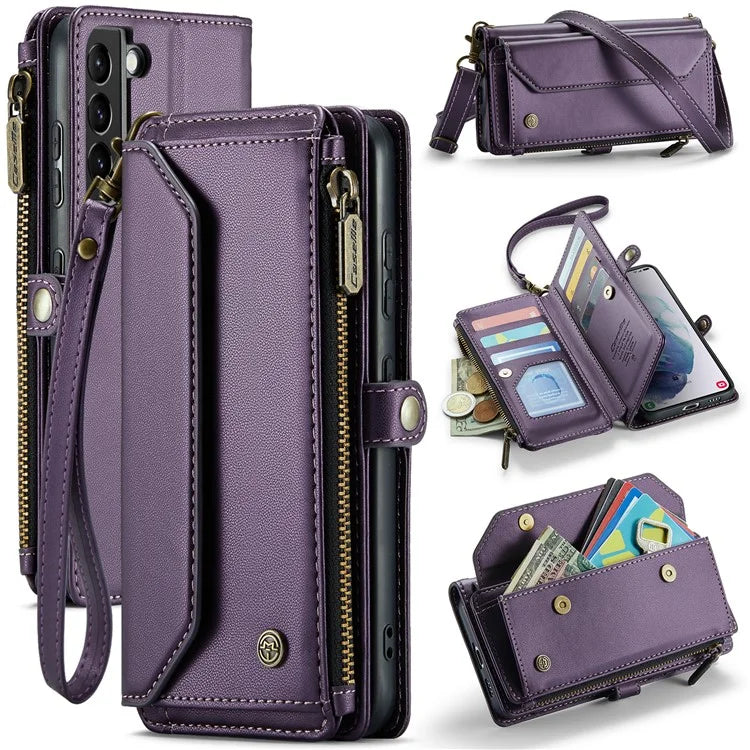 CASEME C36 Series For Samsung Galaxy S21+ 5G Case 10 Card Slots Leather Phone Bag with 2 Straps