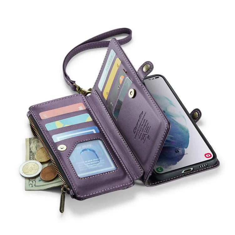 CASEME C36 Series For Samsung Galaxy S21+ 5G Case 10 Card Slots Leather Phone Bag with 2 Straps