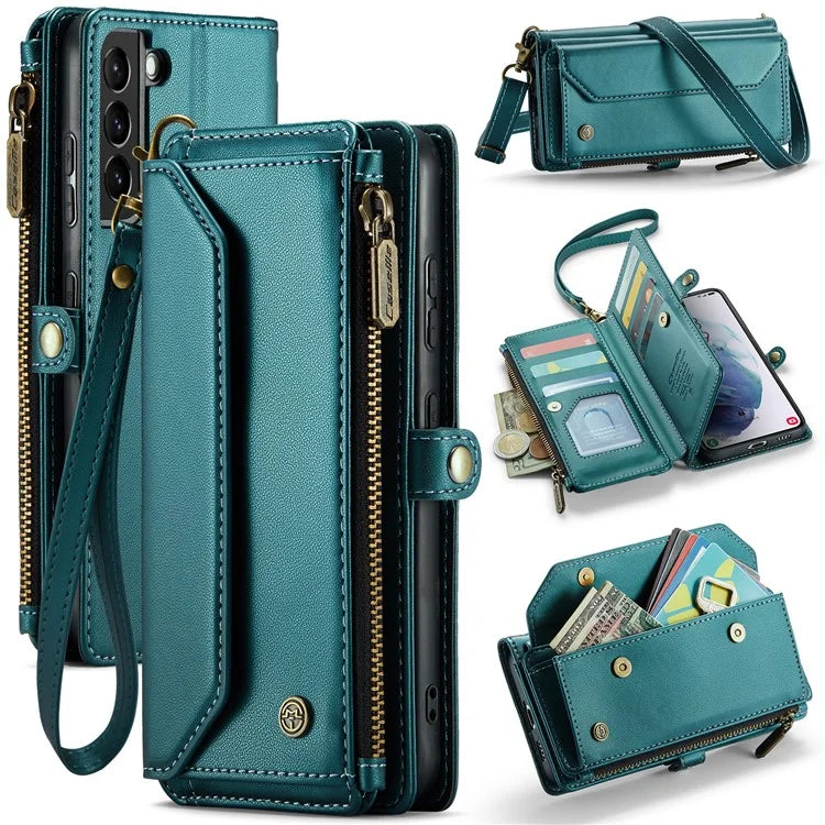 CASEME C36 Series For Samsung Galaxy S21+ 5G Case 10 Card Slots Leather Phone Bag with 2 Straps