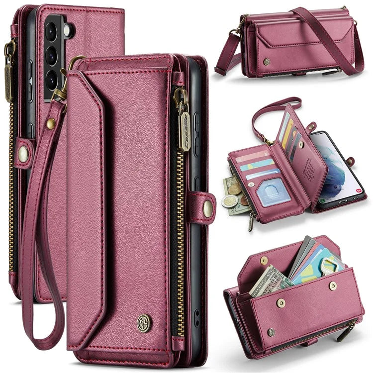 CASEME C36 Series For Samsung Galaxy S21+ 5G Case 10 Card Slots Leather Phone Bag with 2 Straps