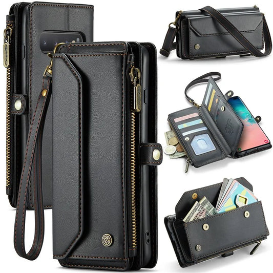 CASEME C36 Series For Samsung Galaxy S10 Plus Wallet Phone Case PU Leather Flip Cover with Straps