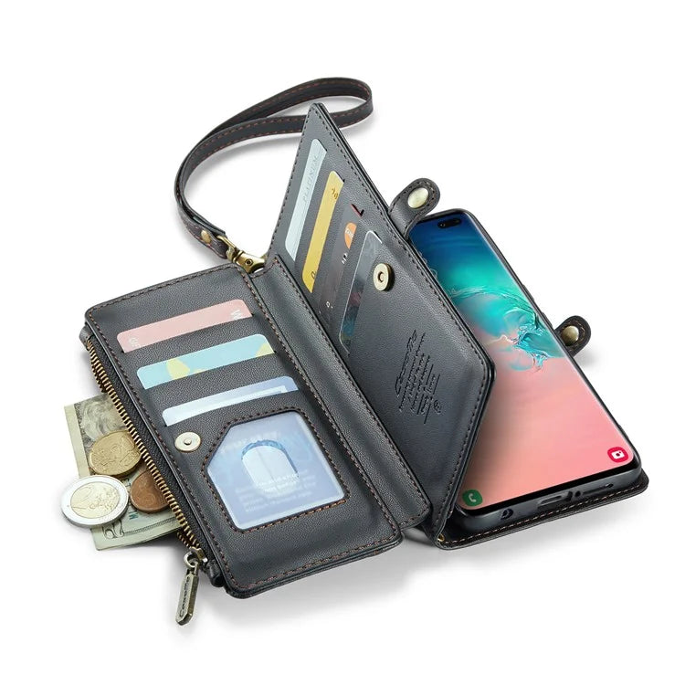 CASEME C36 Series For Samsung Galaxy S10 Plus Wallet Phone Case PU Leather Flip Cover with Straps