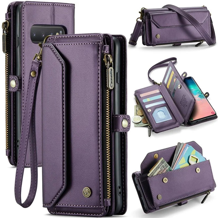 CASEME C36 Series For Samsung Galaxy S10 Plus Wallet Phone Case PU Leather Flip Cover with Straps
