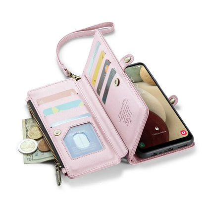 CASEME C36 Series For Samsung Galaxy A12 Case Leather Handbag Phone Cover Magnetic Closure Zipper Pocket