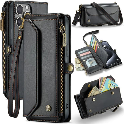 CASEME C36 Series For iPhone 15 Pro Max Case Leather Phone Cover with Crossbody Strap 10 Card Holder Bag
