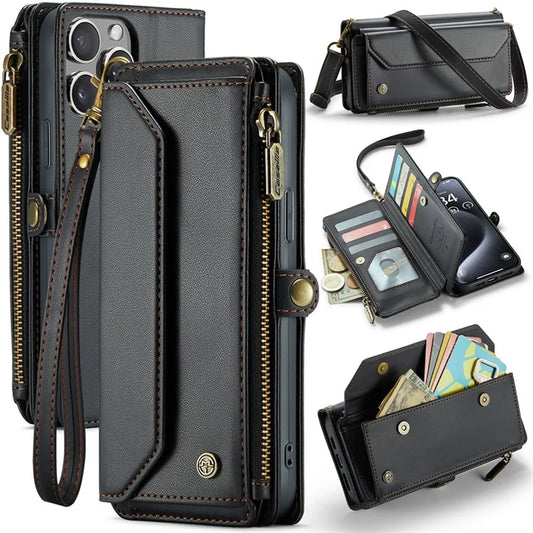 CASEME C36 Series For iPhone 15 Pro Max Case Leather Phone Cover with Crossbody Strap 10 Card Holder Bag