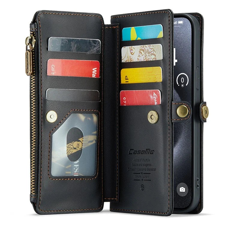 CASEME C36 Series For iPhone 15 Pro Max Case Leather Phone Cover with Crossbody Strap 10 Card Holder Bag