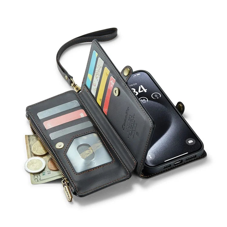 CASEME C36 Series For iPhone 15 Pro Max Case Leather Phone Cover with Crossbody Strap 10 Card Holder Bag