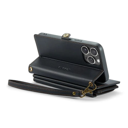 CASEME C36 Series For iPhone 15 Pro Max Case Leather Phone Cover with Crossbody Strap 10 Card Holder Bag