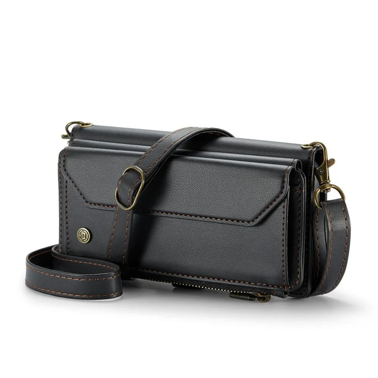 CASEME C36 Series For iPhone 15 Pro Max Case Leather Phone Cover with Crossbody Strap 10 Card Holder Bag