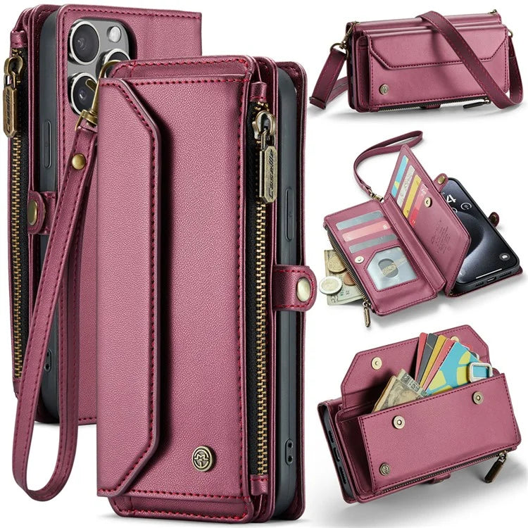 CASEME C36 Series For iPhone 15 Pro Max Case Leather Phone Cover with Crossbody Strap 10 Card Holder Bag