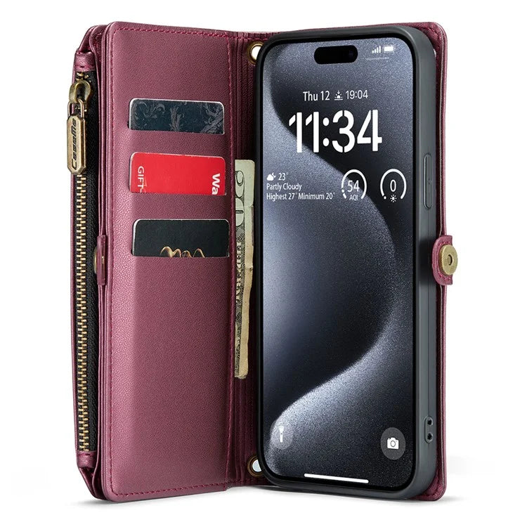 CASEME C36 Series For iPhone 15 Pro Max Case Leather Phone Cover with Crossbody Strap 10 Card Holder Bag