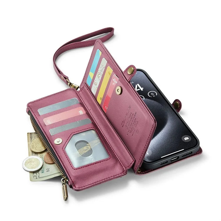CASEME C36 Series For iPhone 15 Pro Max Case Leather Phone Cover with Crossbody Strap 10 Card Holder Bag