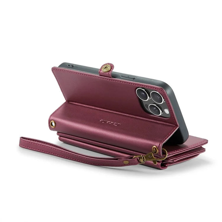 CASEME C36 Series For iPhone 15 Pro Max Case Leather Phone Cover with Crossbody Strap 10 Card Holder Bag
