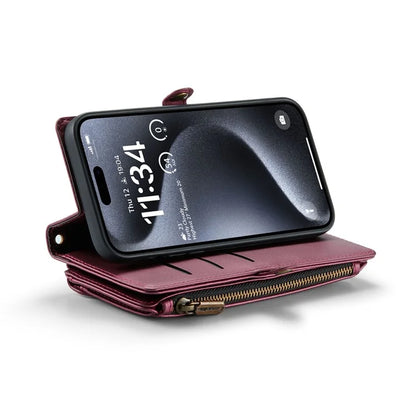 CASEME C36 Series For iPhone 15 Pro Max Case Leather Phone Cover with Crossbody Strap 10 Card Holder Bag