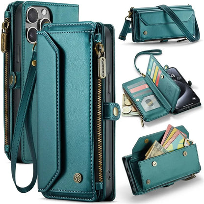 CASEME C36 Series For iPhone 15 Pro Max Case Leather Phone Cover with Crossbody Strap 10 Card Holder Bag