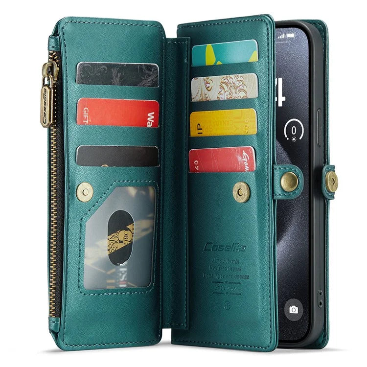 CASEME C36 Series For iPhone 15 Pro Max Case Leather Phone Cover with Crossbody Strap 10 Card Holder Bag
