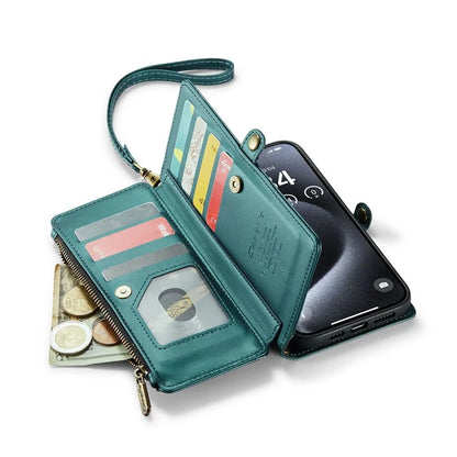 CASEME C36 Series For iPhone 15 Pro Max Case Leather Phone Cover with Crossbody Strap 10 Card Holder Bag