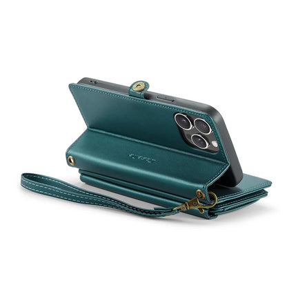 CASEME C36 Series For iPhone 15 Pro Max Case Leather Phone Cover with Crossbody Strap 10 Card Holder Bag