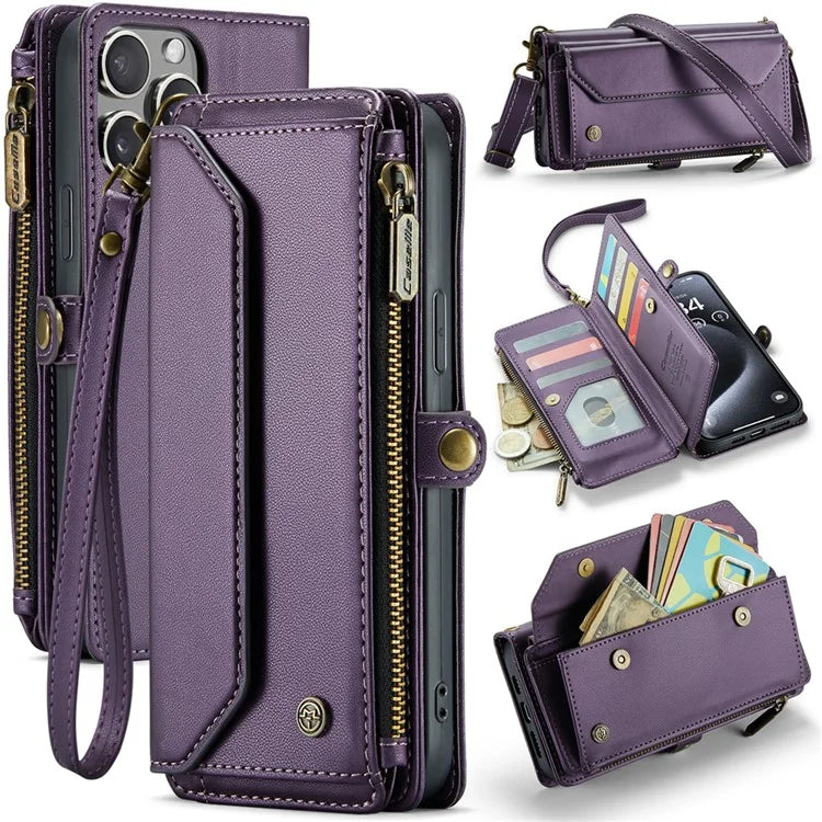 CASEME C36 Series For iPhone 15 Pro Max Case Leather Phone Cover with Crossbody Strap 10 Card Holder Bag