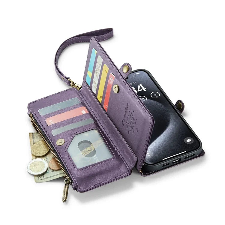 CASEME C36 Series For iPhone 15 Pro Max Case Leather Phone Cover with Crossbody Strap 10 Card Holder Bag