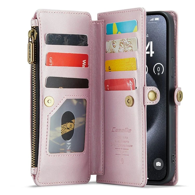 CASEME C36 Series For iPhone 15 Pro Max Case Leather Phone Cover with Crossbody Strap 10 Card Holder Bag