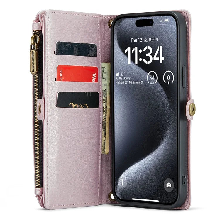 CASEME C36 Series For iPhone 15 Pro Max Case Leather Phone Cover with Crossbody Strap 10 Card Holder Bag