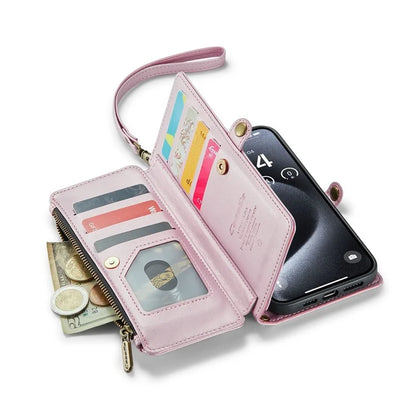 CASEME C36 Series For iPhone 15 Pro Max Case Leather Phone Cover with Crossbody Strap 10 Card Holder Bag