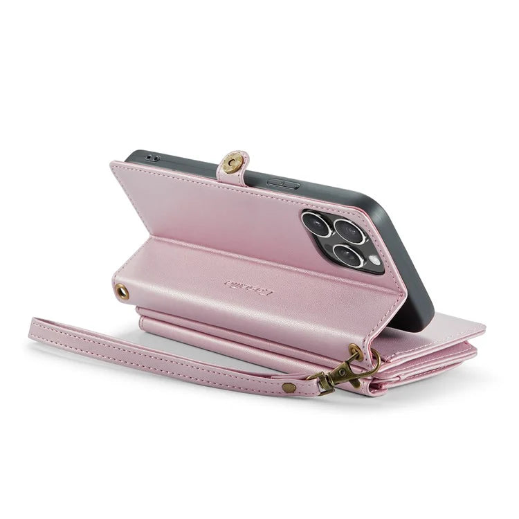 CASEME C36 Series For iPhone 15 Pro Max Case Leather Phone Cover with Crossbody Strap 10 Card Holder Bag