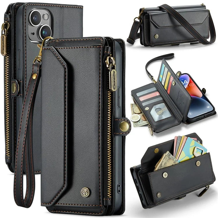 CASEME C36 Series For iPhone 14 Plus Crossbody Case Zipper Wallet Leather Phone Cover